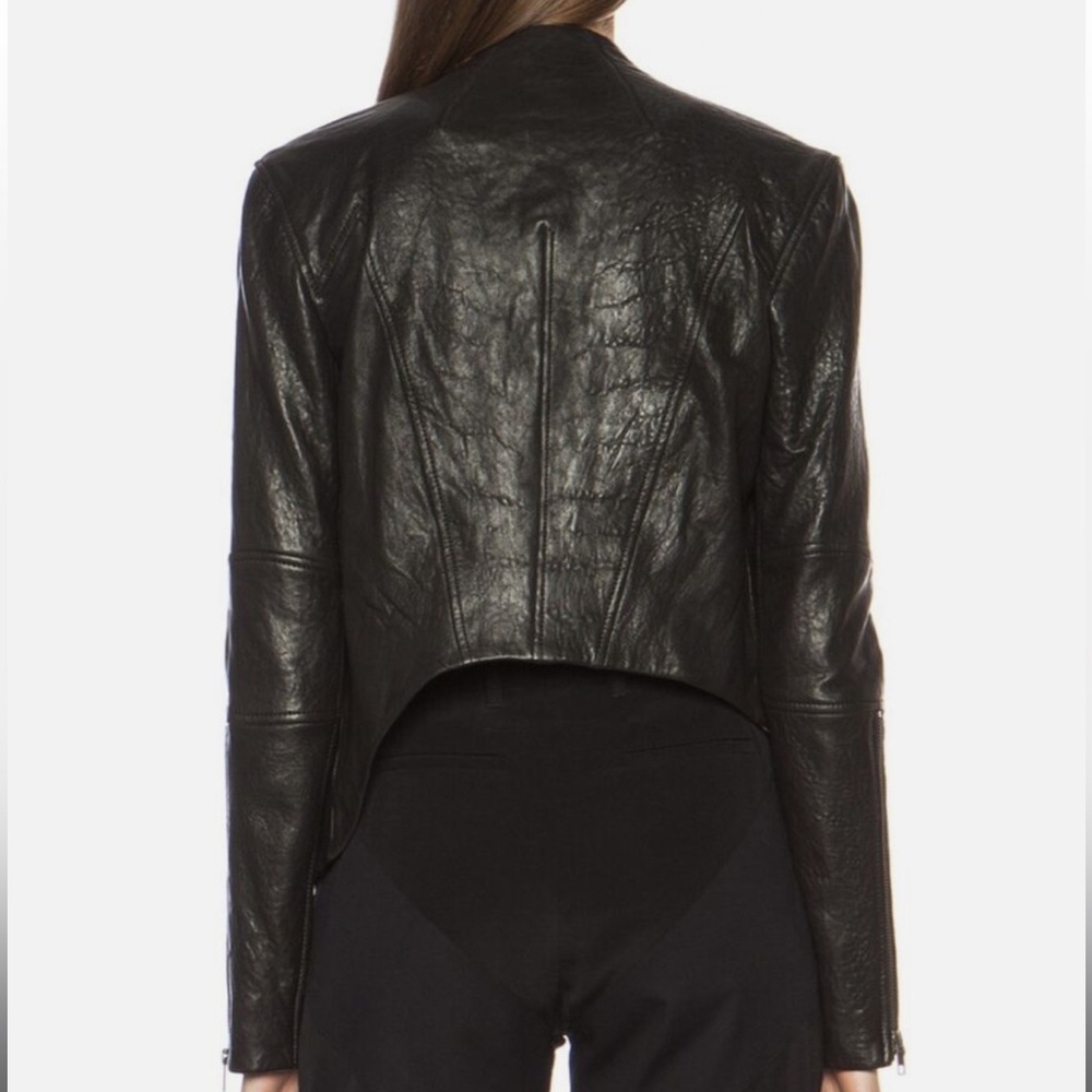 Helmut Lang Blistered Asymmetric Leather Jacket with cloth detailing on sleeves - Picture 3 of 7